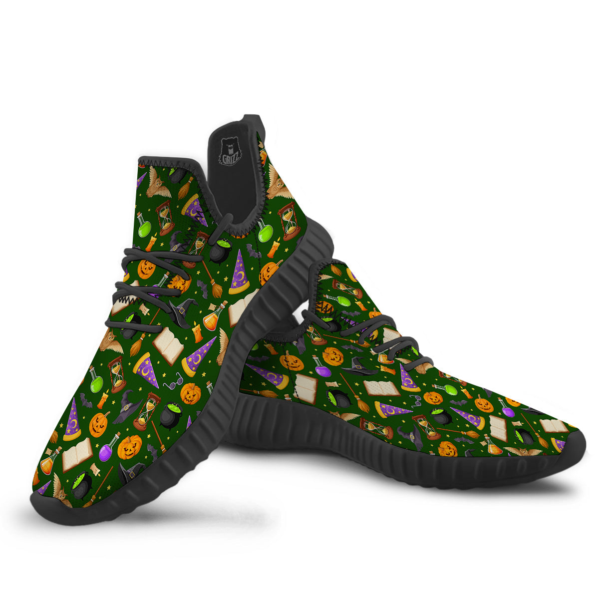 Magical Symbols And Green Print Pattern Black Walking Shoes-grizzshop