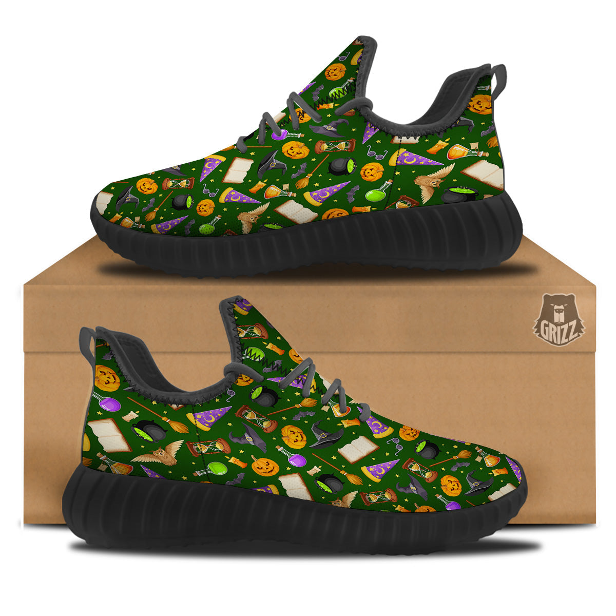 Magical Symbols And Green Print Pattern Black Walking Shoes-grizzshop