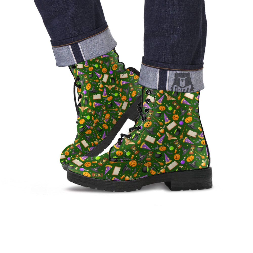 Magical Symbols And Green Print Pattern Leather Boots-grizzshop
