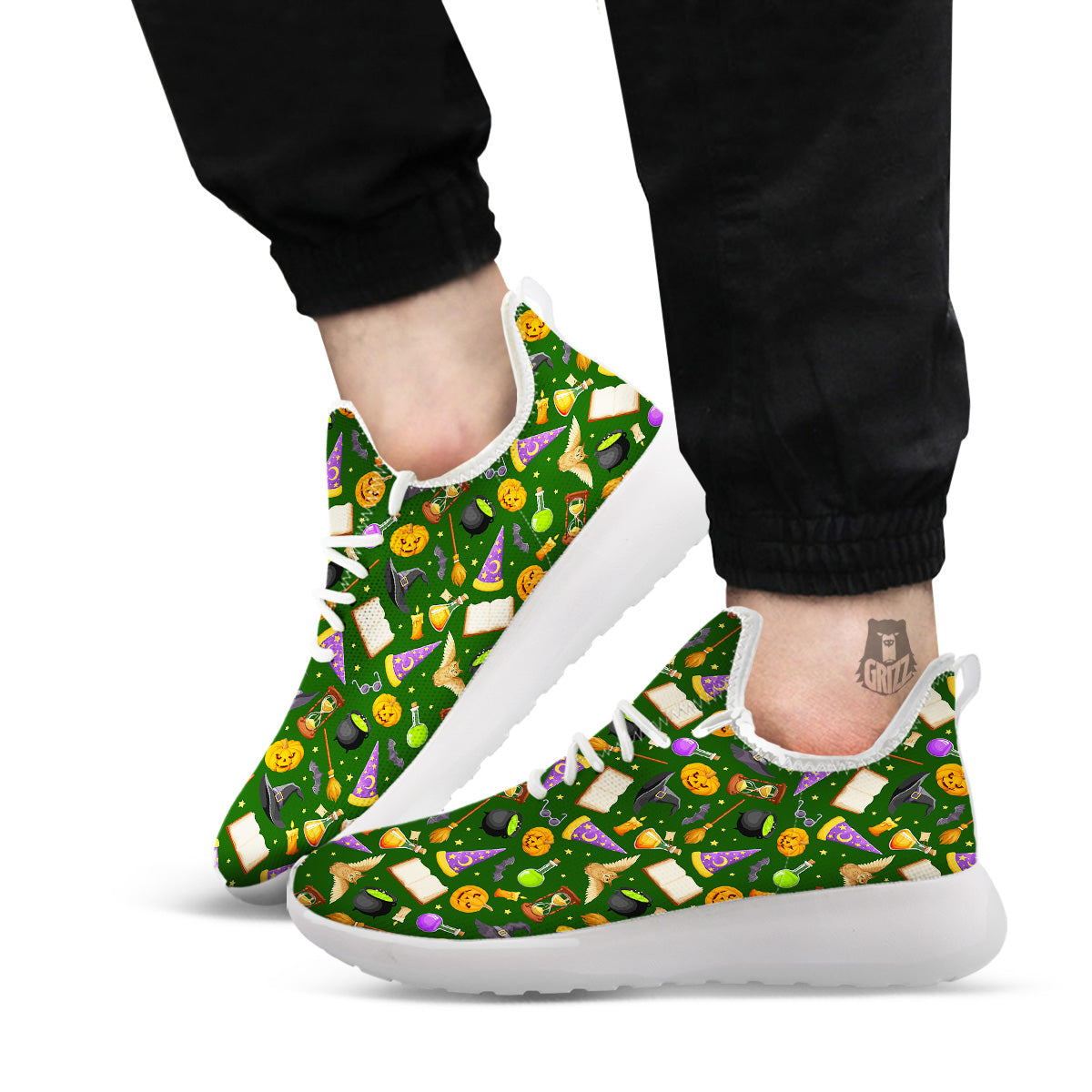 Magical Symbols And Green Print Pattern White Athletic Shoes-grizzshop