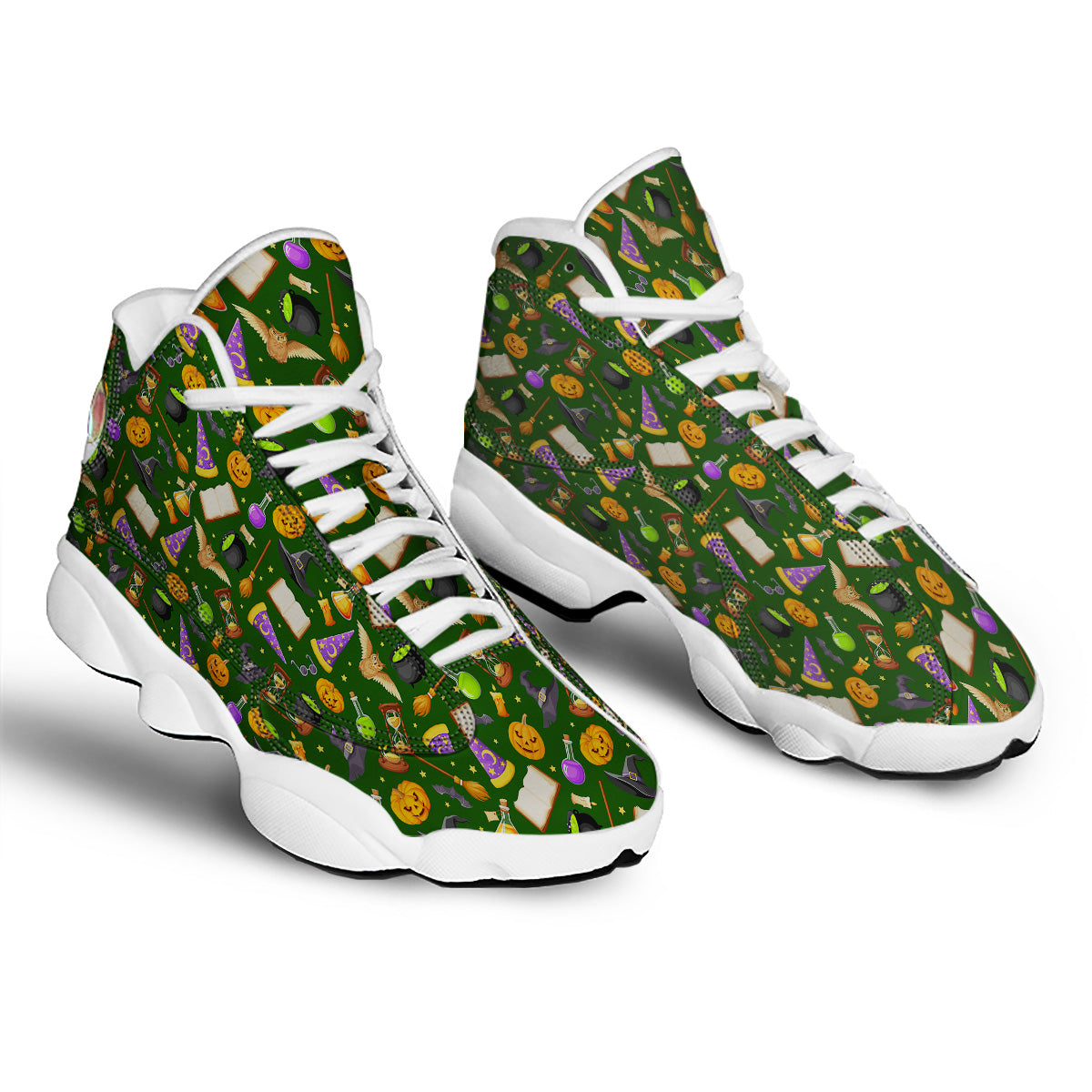 Magical Symbols And Green Print Pattern White Basketball Shoes-grizzshop
