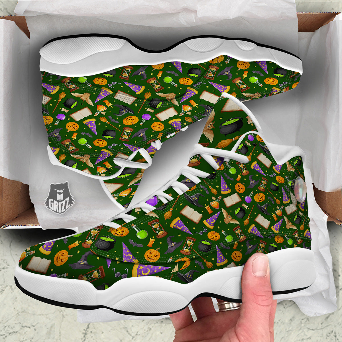 Magical Symbols And Green Print Pattern White Basketball Shoes-grizzshop