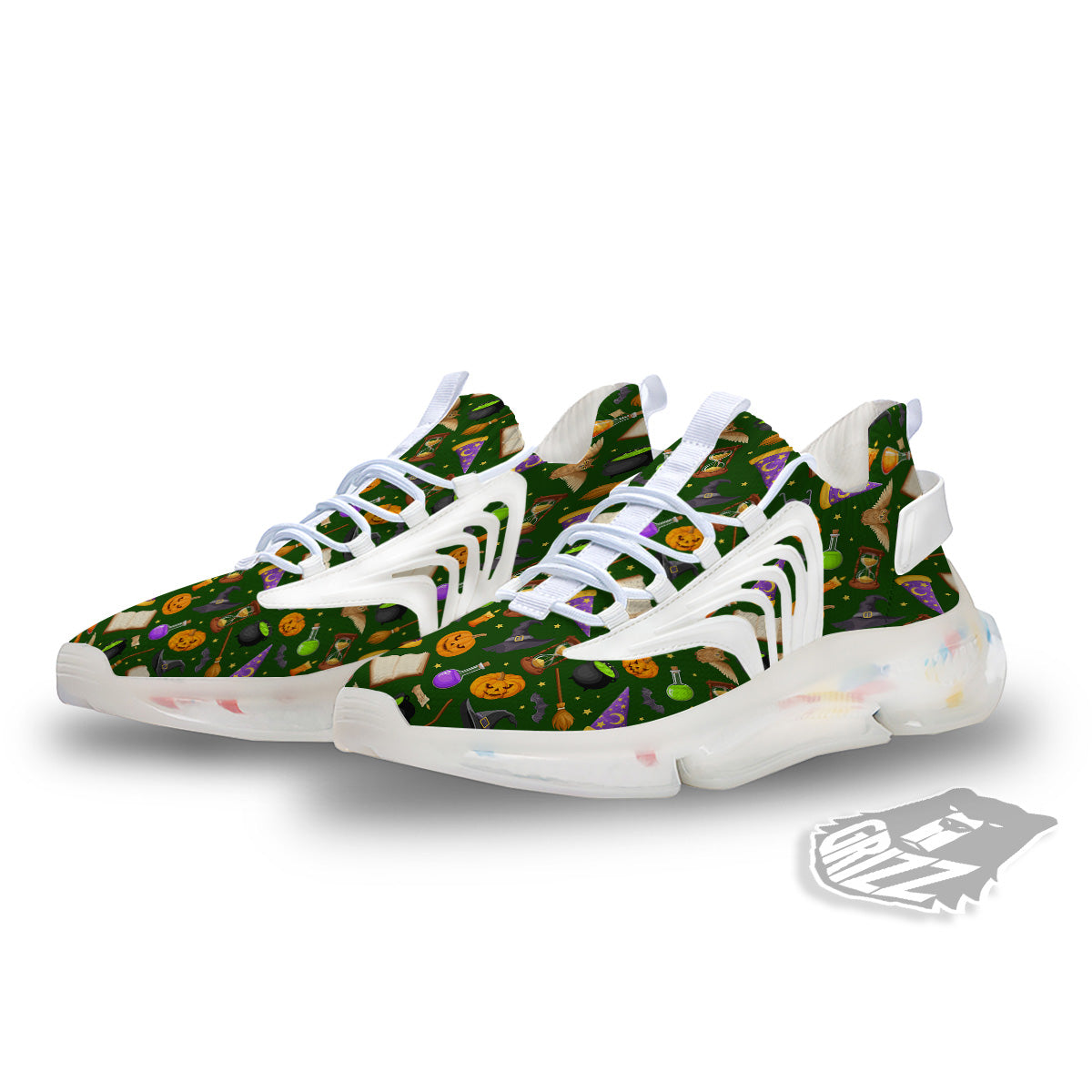 Magical Symbols And Green Print Pattern White Gym Shoes-grizzshop