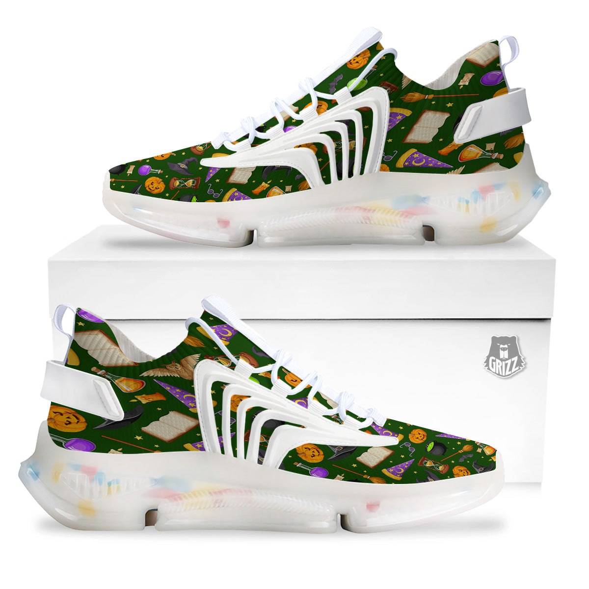 Magical Symbols And Green Print Pattern White Gym Shoes-grizzshop