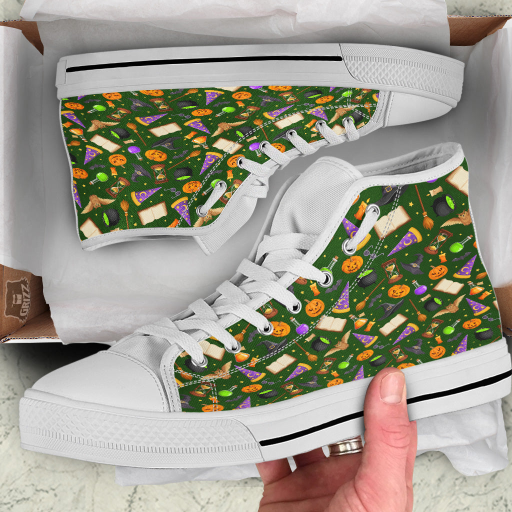 Magical Symbols And Green Print Pattern White High Top Shoes-grizzshop