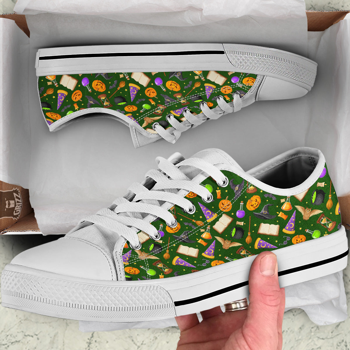 Magical Symbols And Green Print Pattern White Low Top Shoes-grizzshop