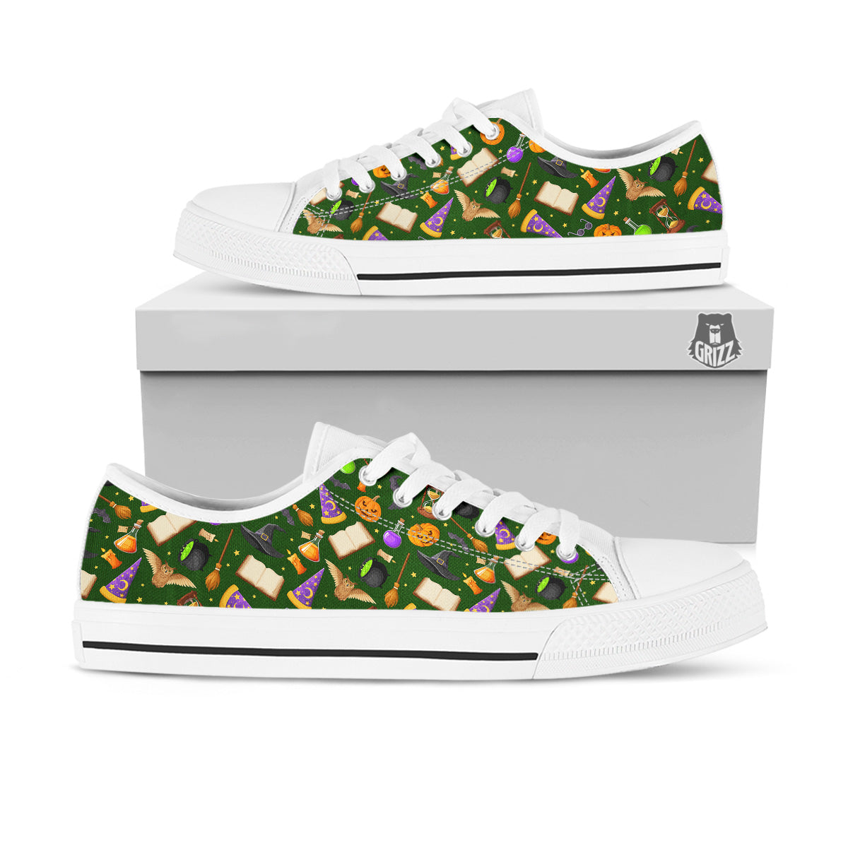 Magical Symbols And Green Print Pattern White Low Top Shoes-grizzshop