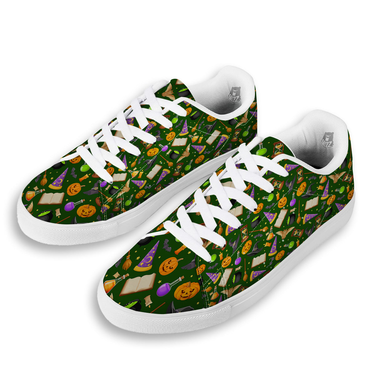 Magical Symbols And Green Print Pattern White Low Top Sneakers-grizzshop