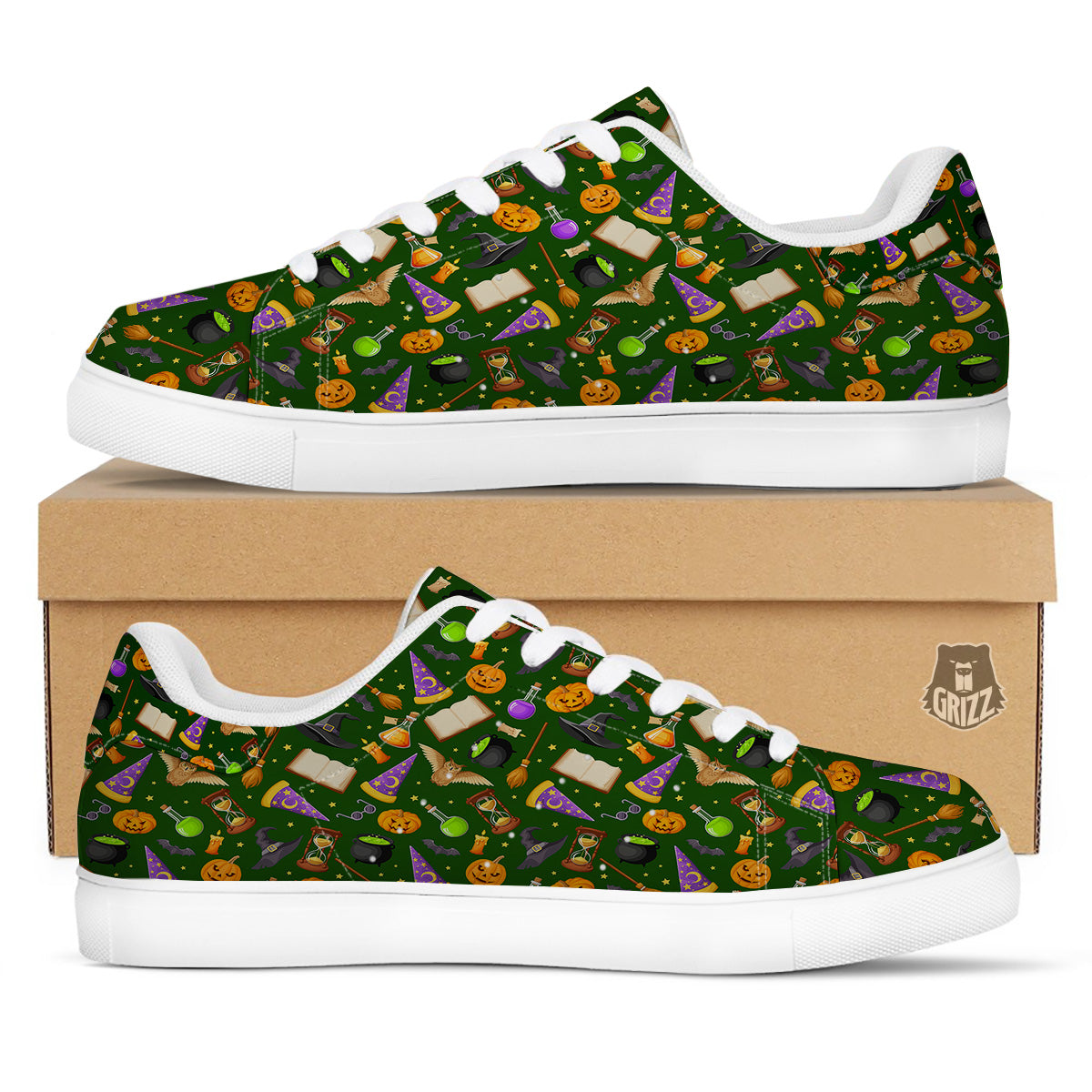 Magical Symbols And Green Print Pattern White Low Top Sneakers-grizzshop