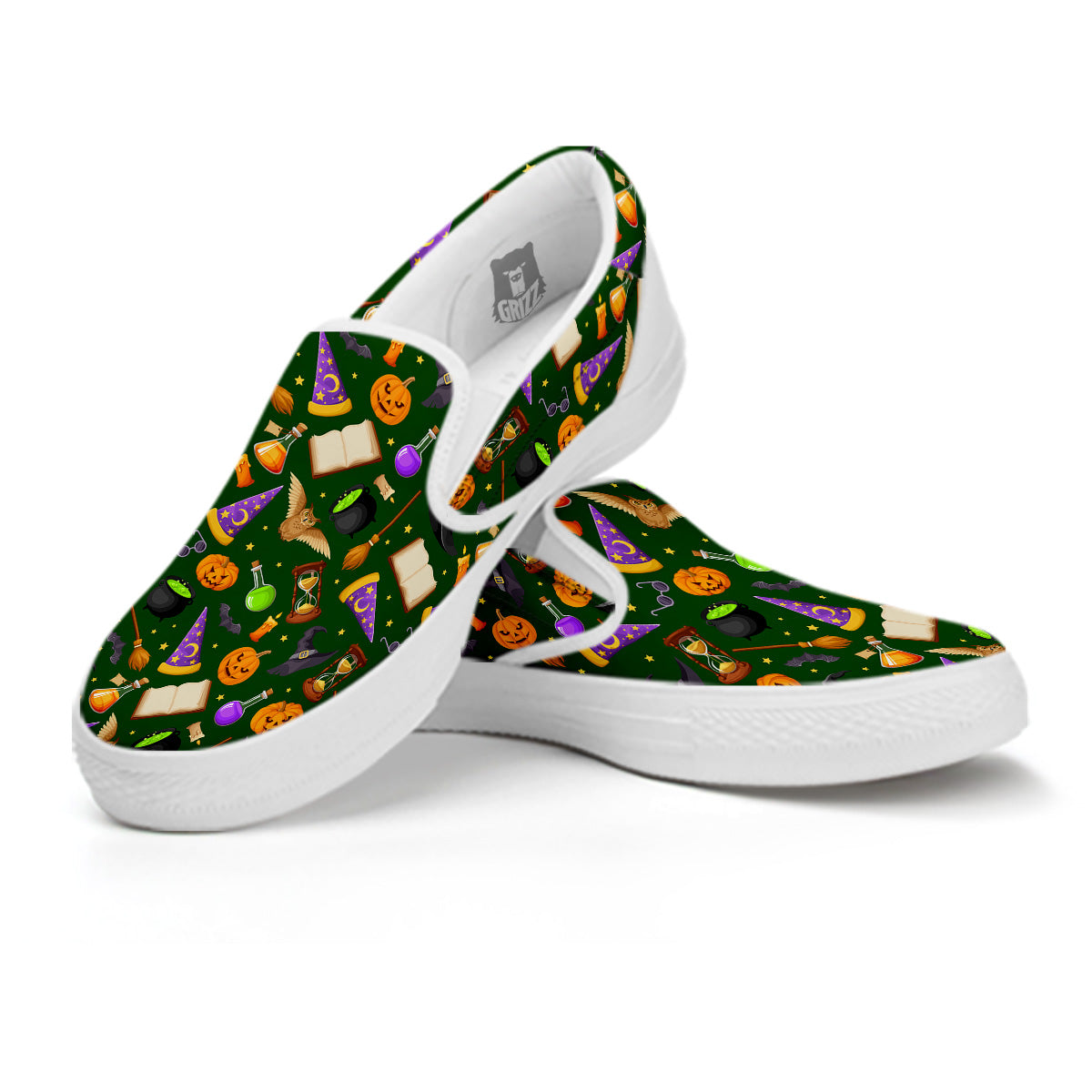 Magical Symbols And Green Print Pattern White Slip On Shoes-grizzshop