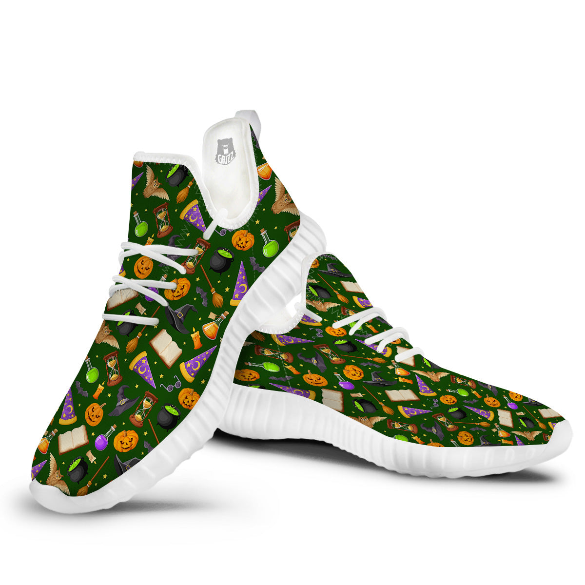 Magical Symbols And Green Print Pattern White Walking Shoes-grizzshop