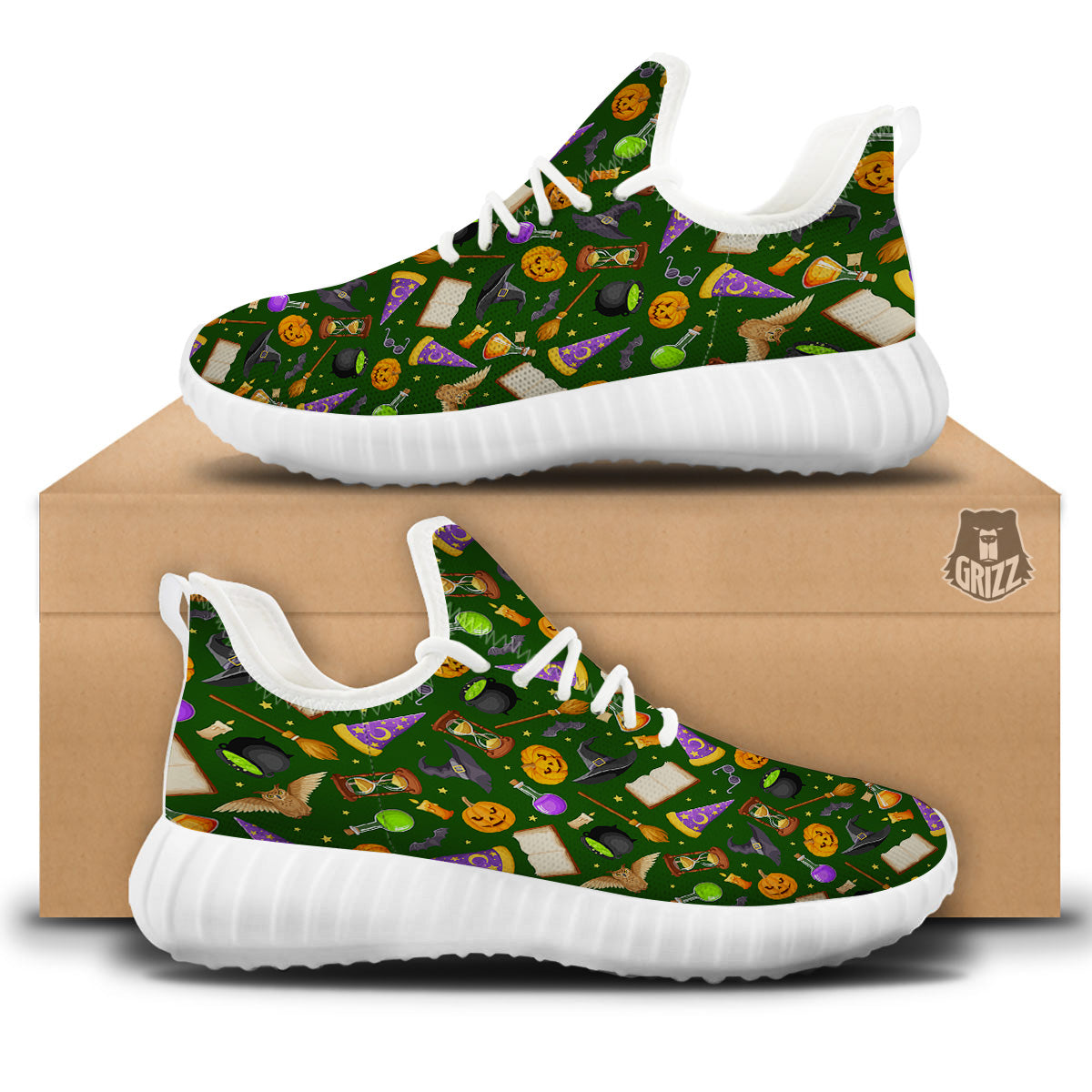 Magical Symbols And Green Print Pattern White Walking Shoes-grizzshop