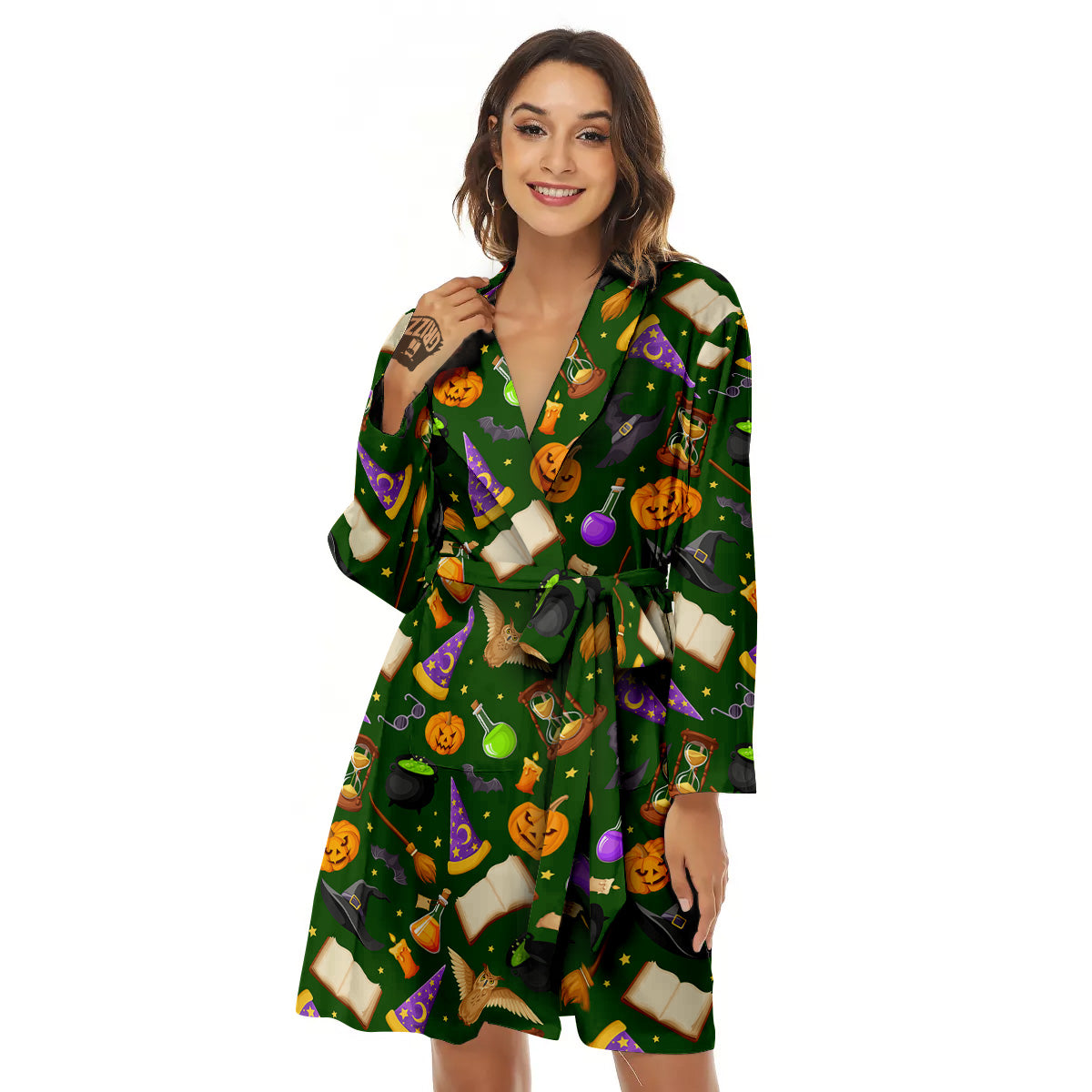 Magical Symbols And Green Print Pattern Women's Robe-grizzshop