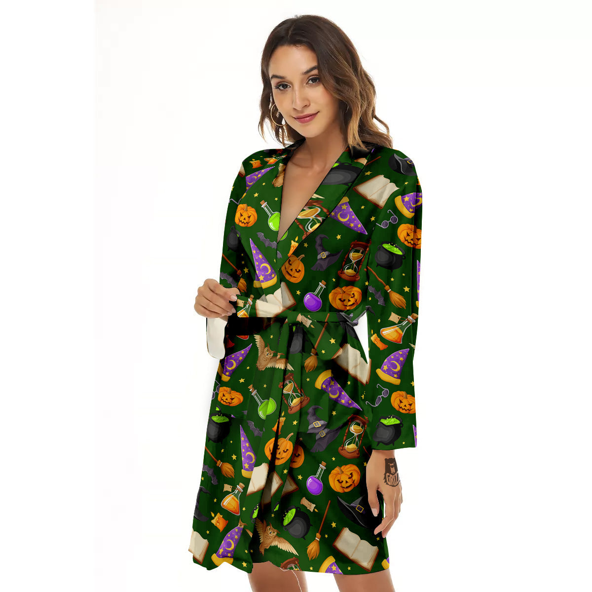 Magical Symbols And Green Print Pattern Women's Robe-grizzshop