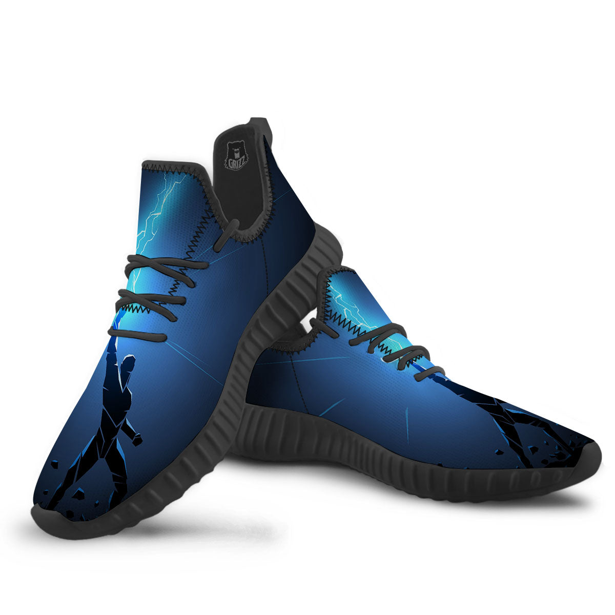 Man And Blue Lightning Print Black Walking Shoes-grizzshop