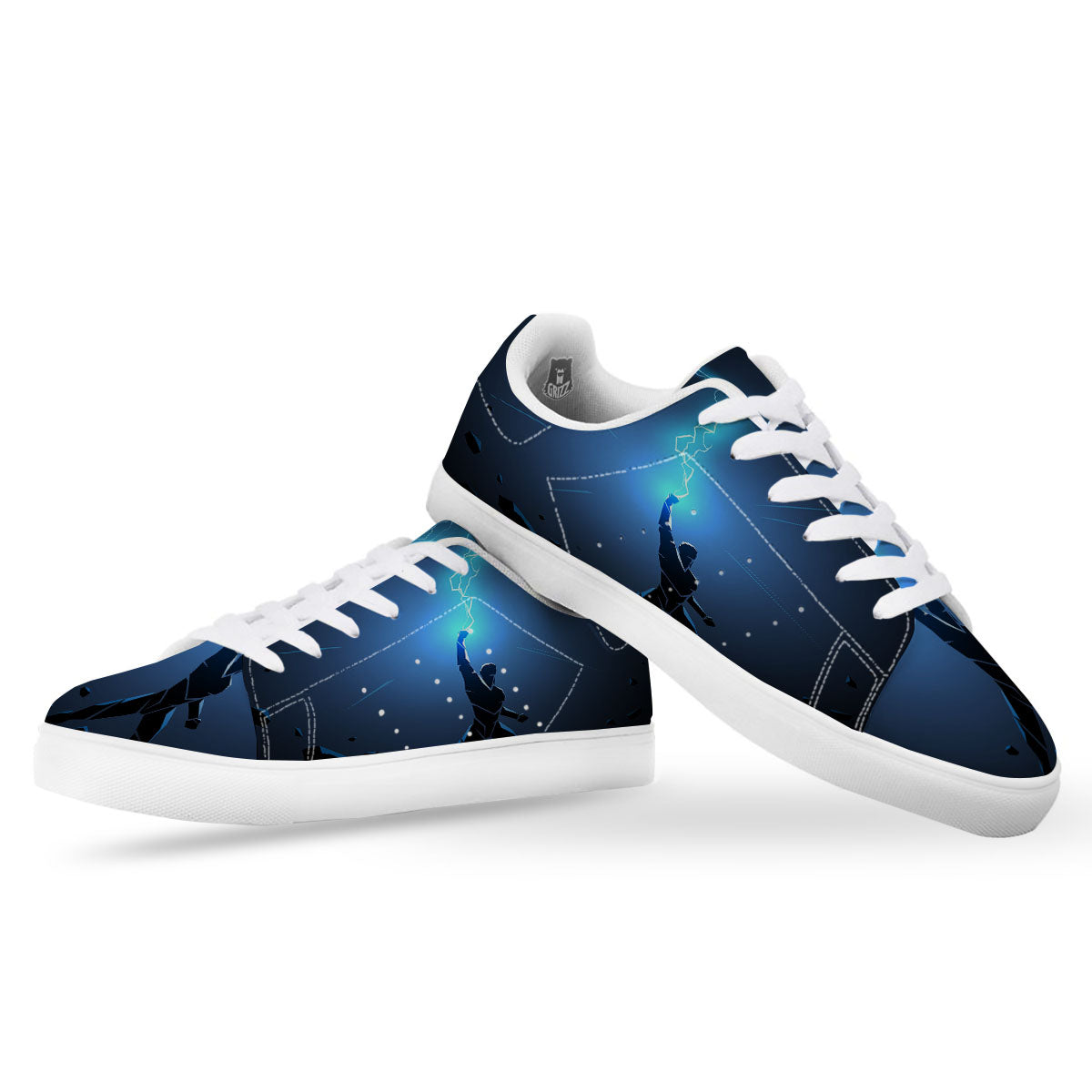 Man And Blue Lightning Print White Low Top Sneakers-grizzshop