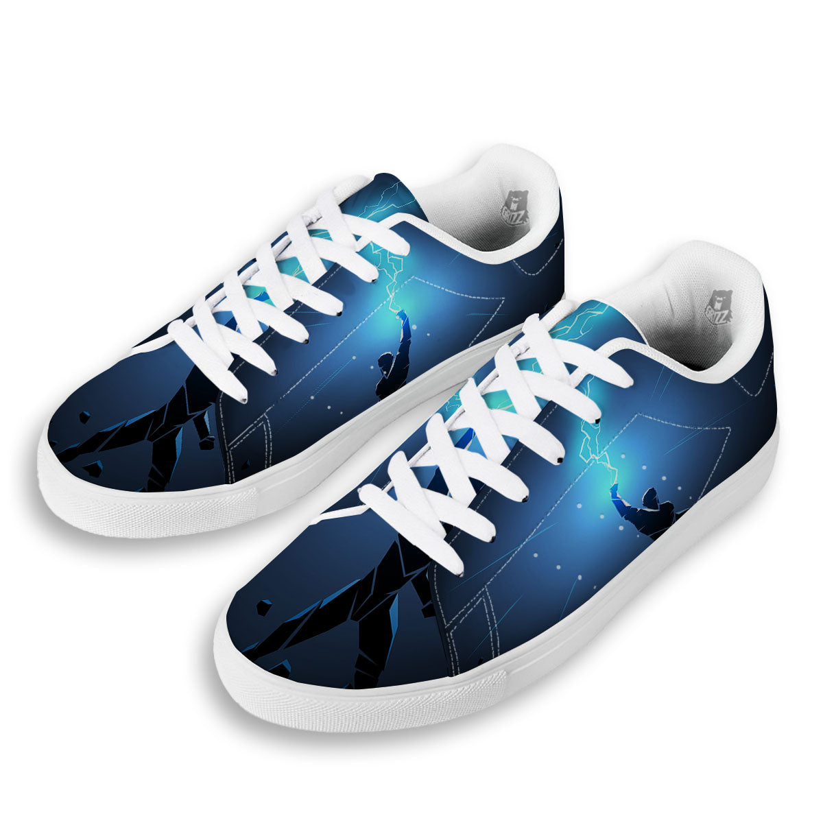 Man And Blue Lightning Print White Low Top Sneakers-grizzshop