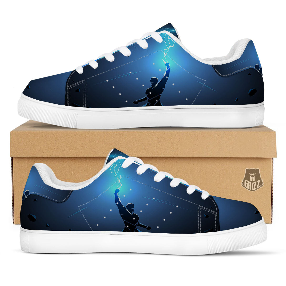 Man And Blue Lightning Print White Low Top Sneakers-grizzshop
