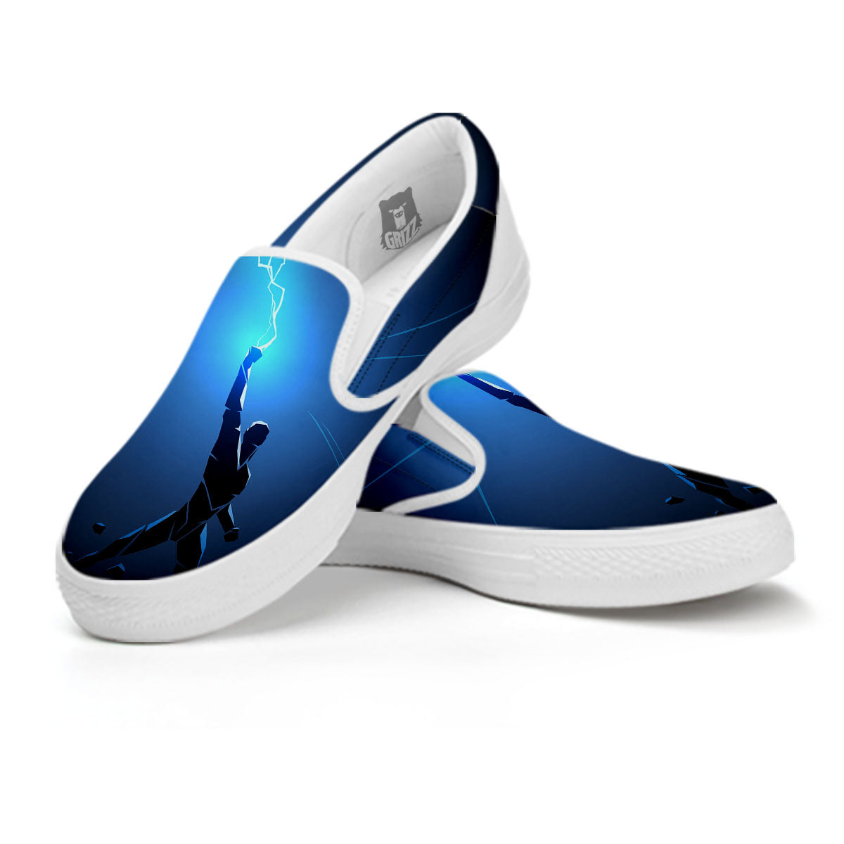Man And Blue Lightning Print White Slip On Shoes-grizzshop