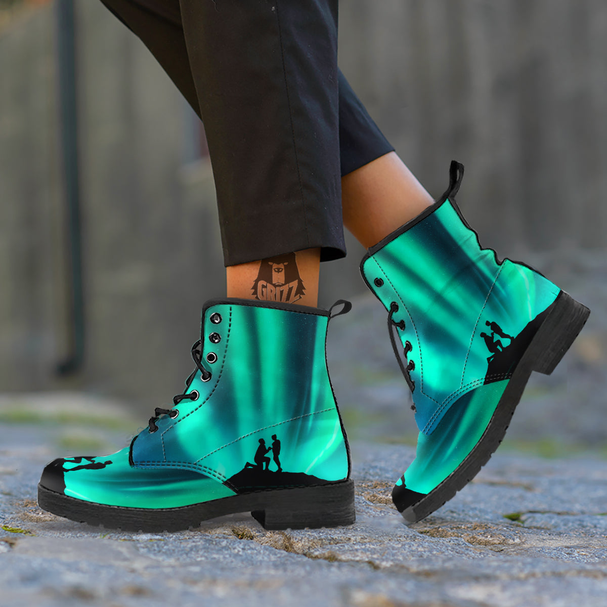 Man Making Marriage With Northern Lights Print Leather Boots-grizzshop