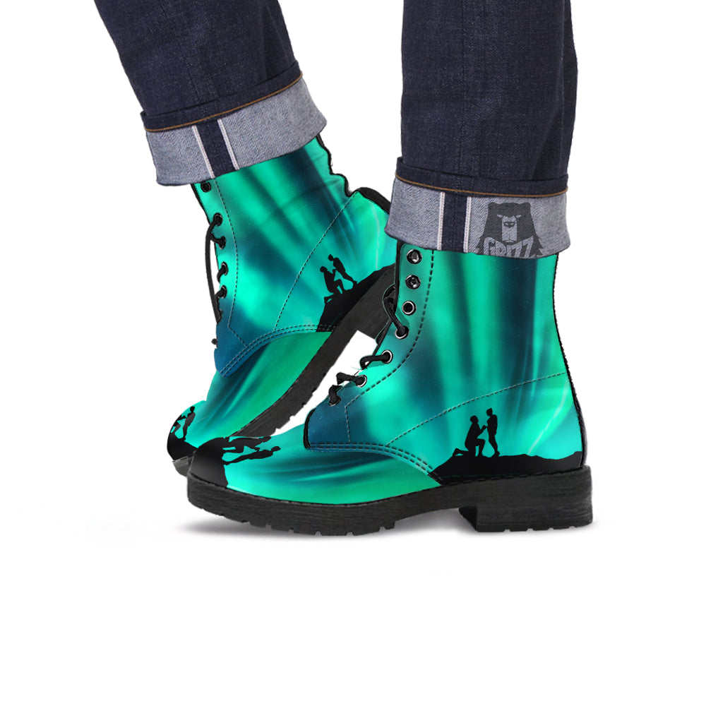 Man Making Marriage With Northern Lights Print Leather Boots-grizzshop