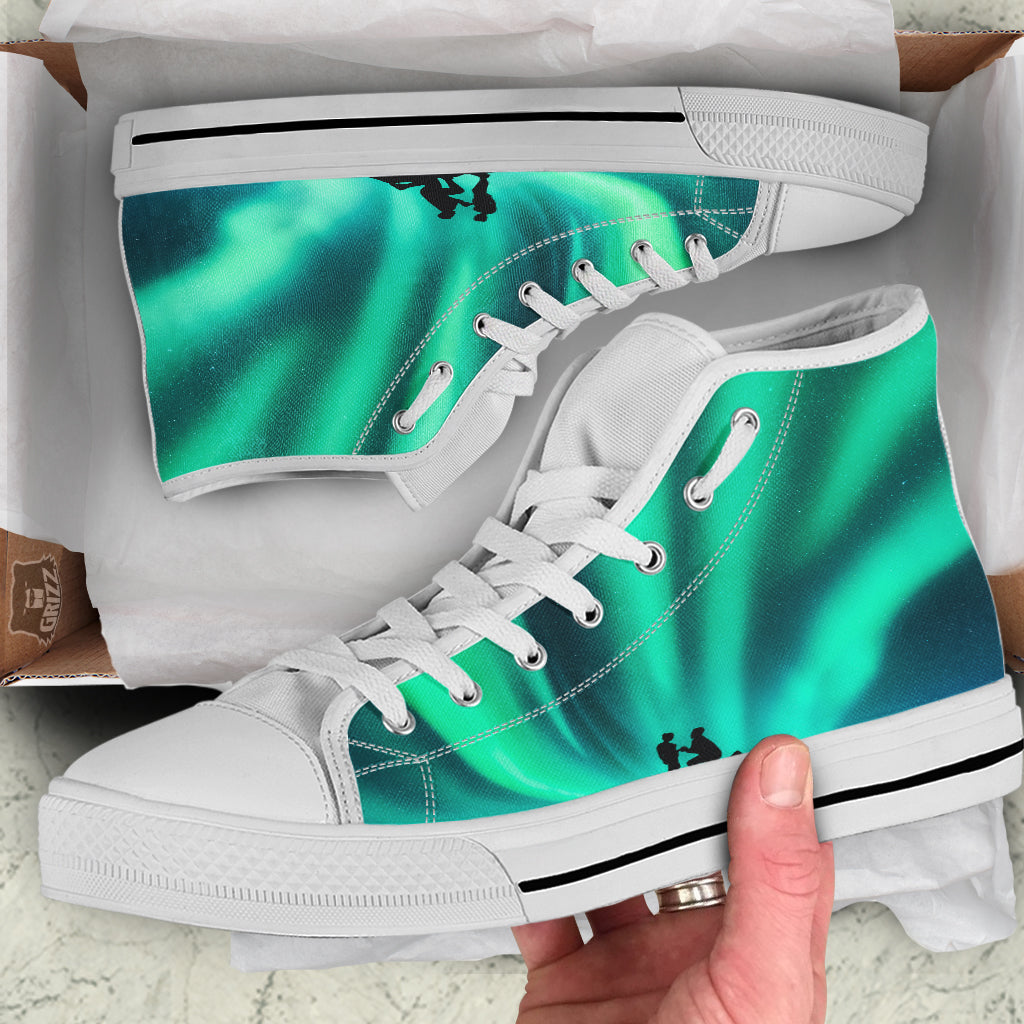 Man Making Marriage With Northern Lights Print White High Top Shoes-grizzshop