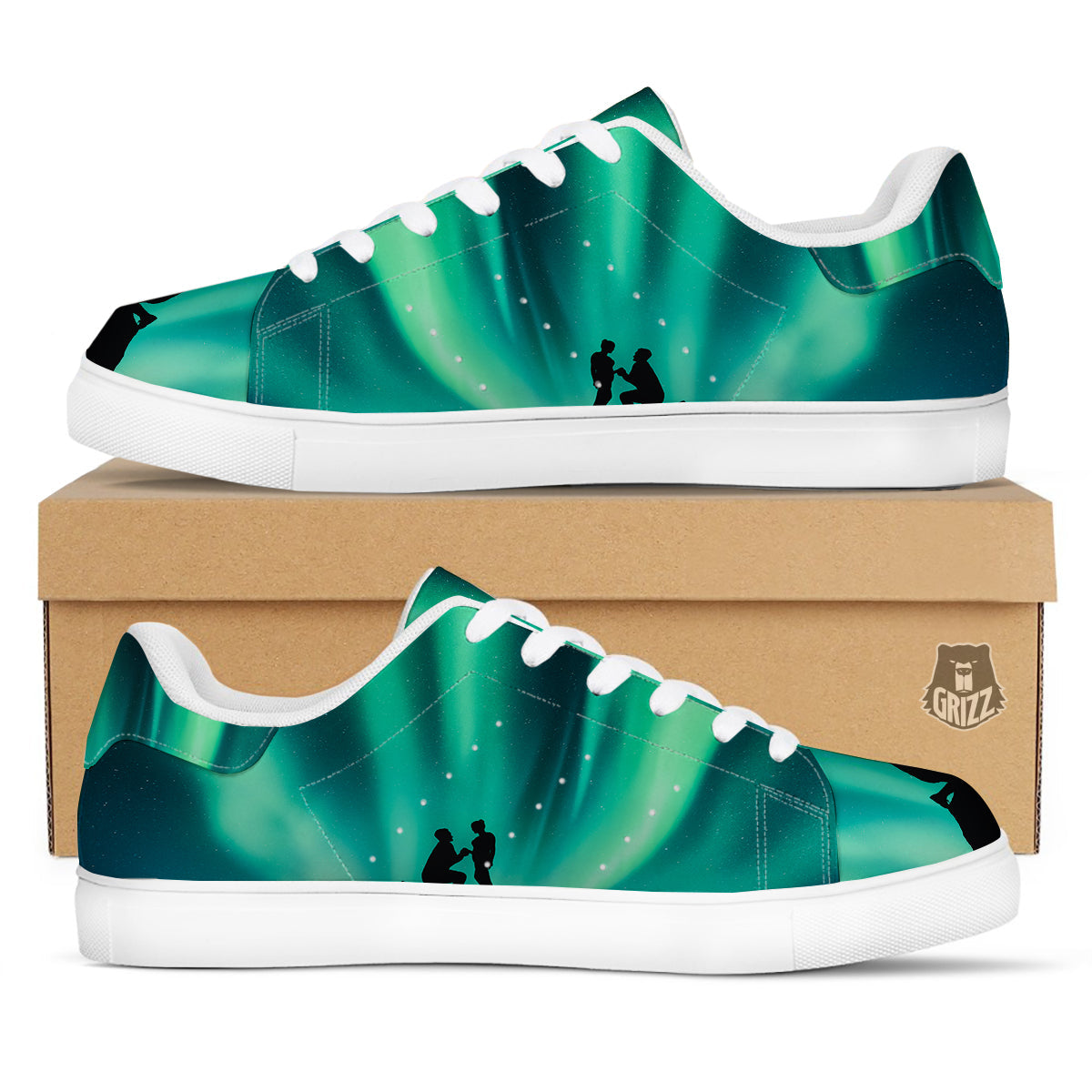 Man Making Marriage With Northern Lights Print White Low Top Sneakers-grizzshop