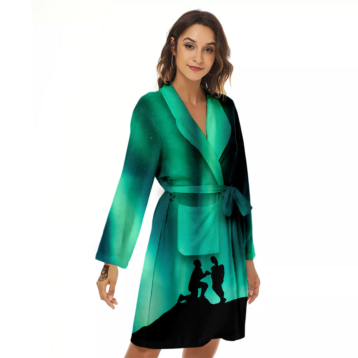 Man Making Marriage With Northern Lights Print Women's Robe-grizzshop