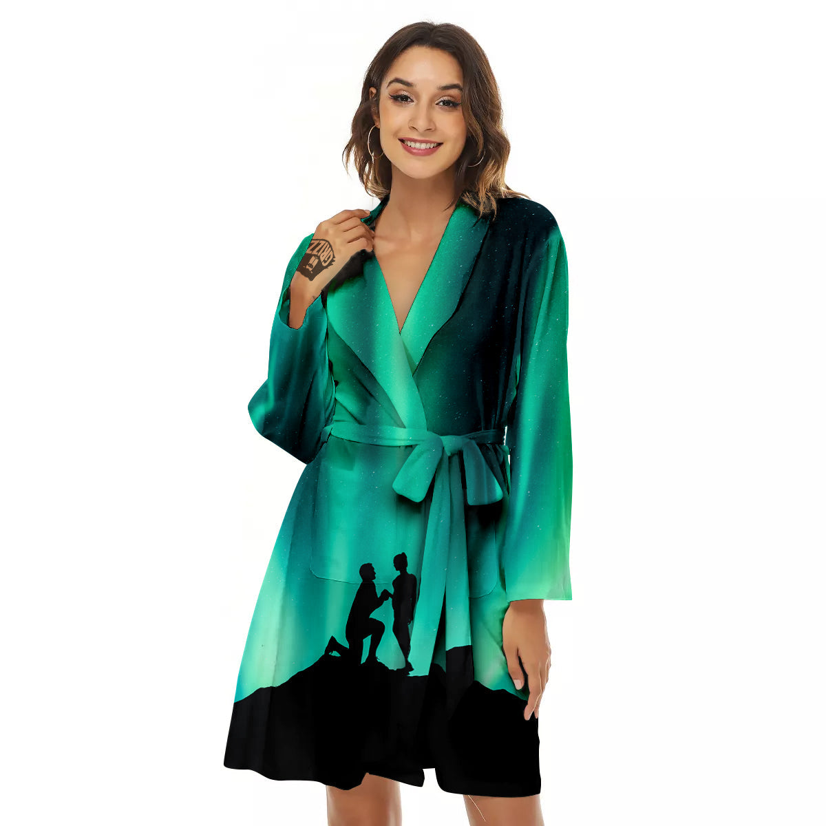 Man Making Marriage With Northern Lights Print Women's Robe-grizzshop