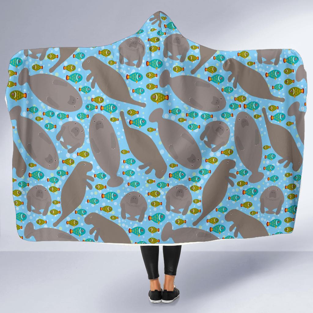 Manatee Pattern Print Hooded Blanket-grizzshop