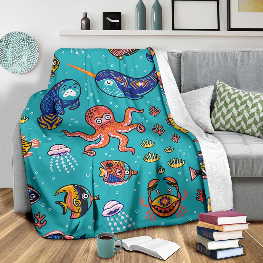 Manatee Whale Fish Octopus Pattern Print Blanket-grizzshop