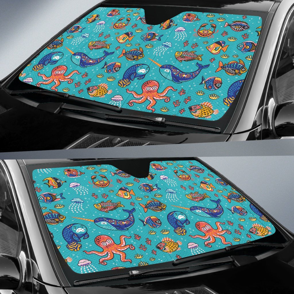 Manatee Whale Fish Octopus Pattern Print Car Sun Shade-grizzshop