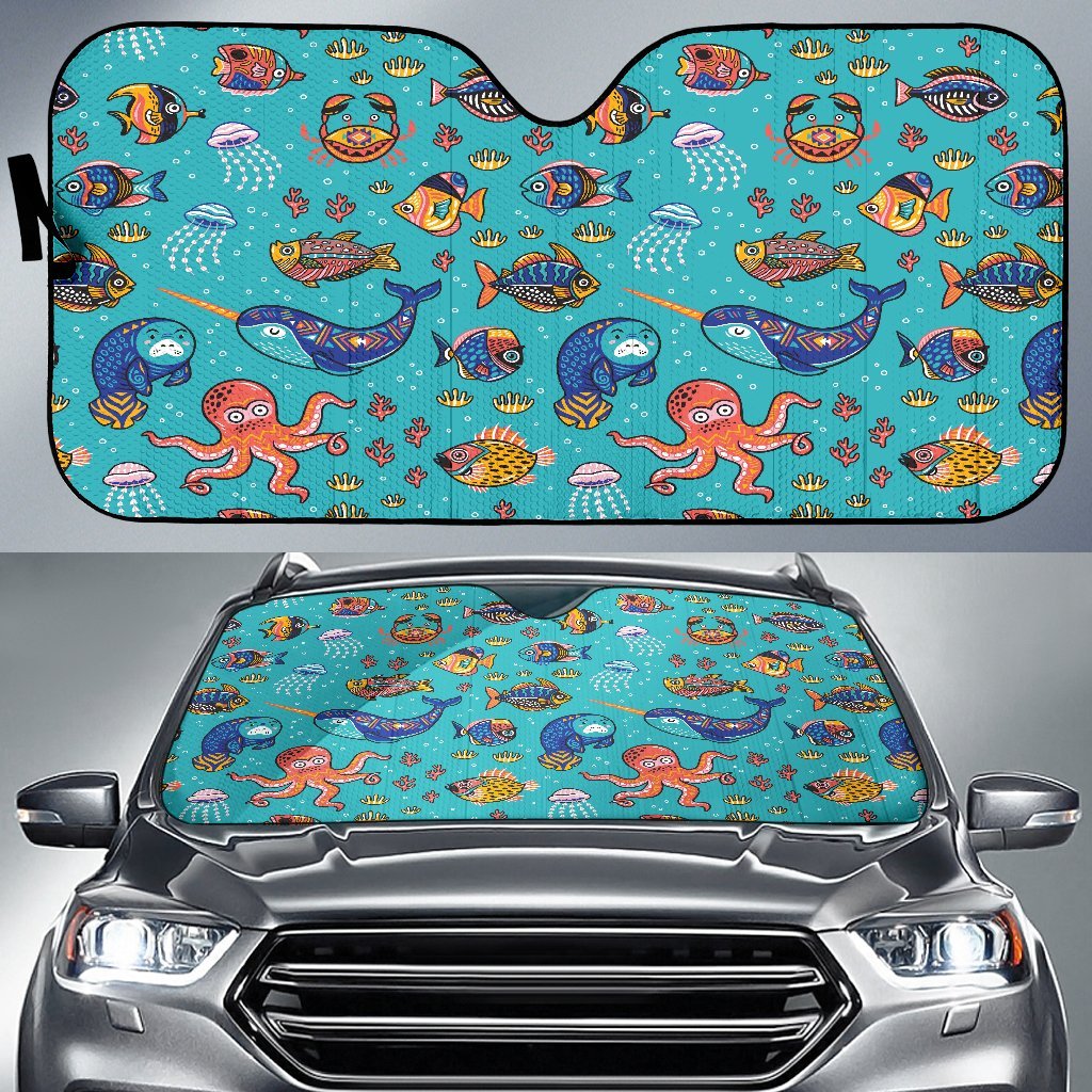 Manatee Whale Fish Octopus Pattern Print Car Sun Shade-grizzshop