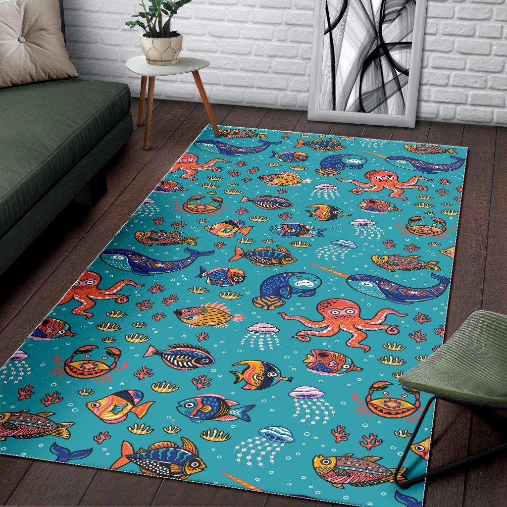 Manatee Whale Fish Octopus Pattern Print Floor Mat-grizzshop