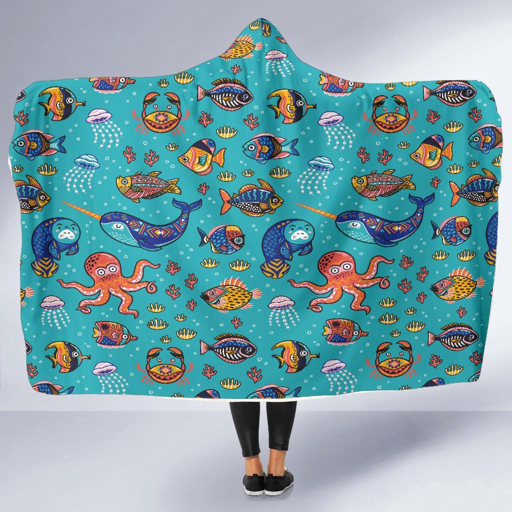 Manatee Whale Fish Octopus Pattern Print Hooded Blanket-grizzshop