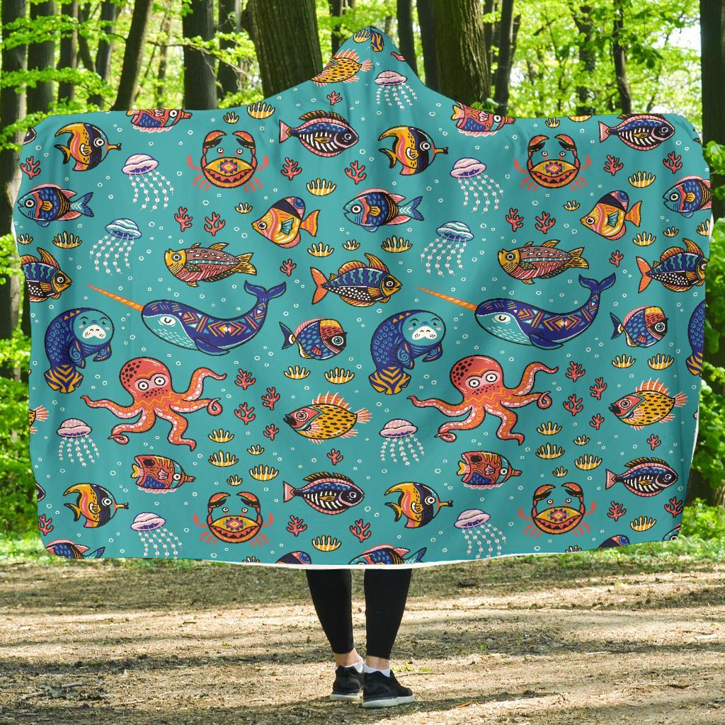 Manatee Whale Fish Octopus Pattern Print Hooded Blanket-grizzshop