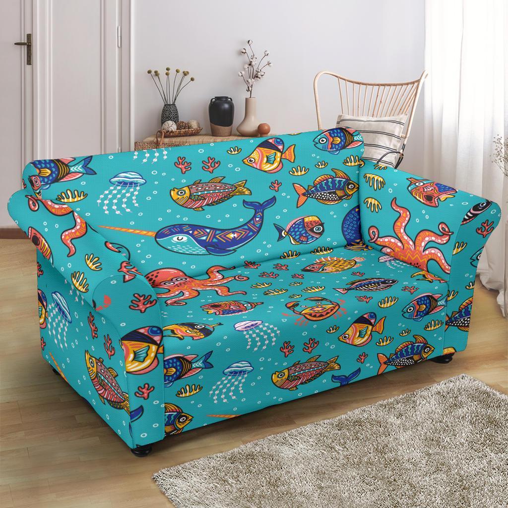 Manatee Whale Fish Octopus Pattern Print Loveseat Cover-grizzshop