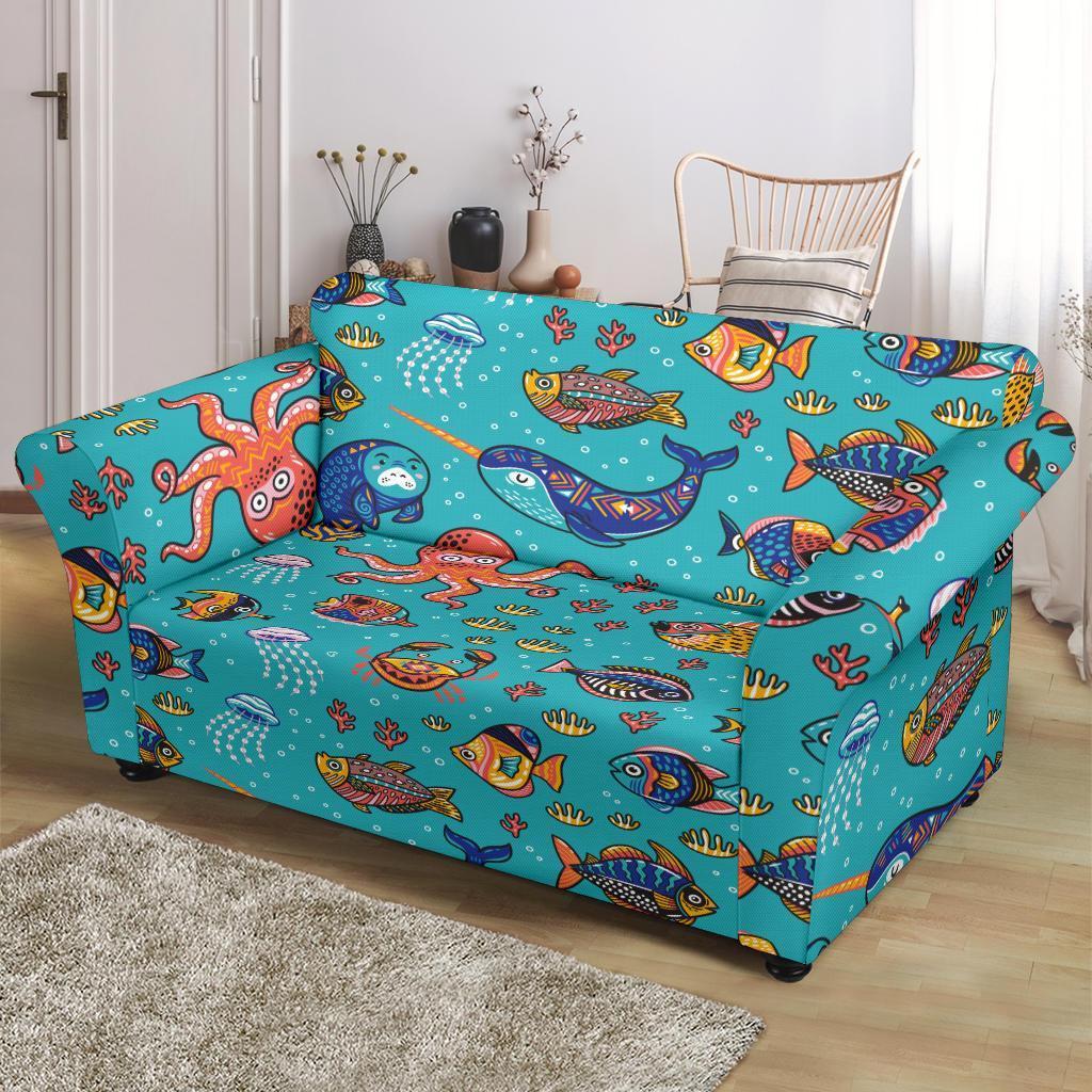 Manatee Whale Fish Octopus Pattern Print Loveseat Cover-grizzshop