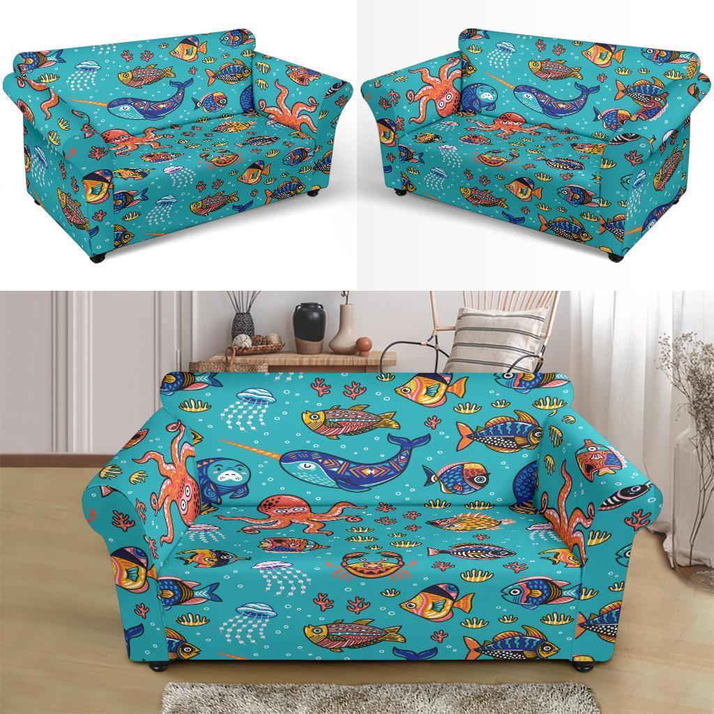 Manatee Whale Fish Octopus Pattern Print Loveseat Cover-grizzshop