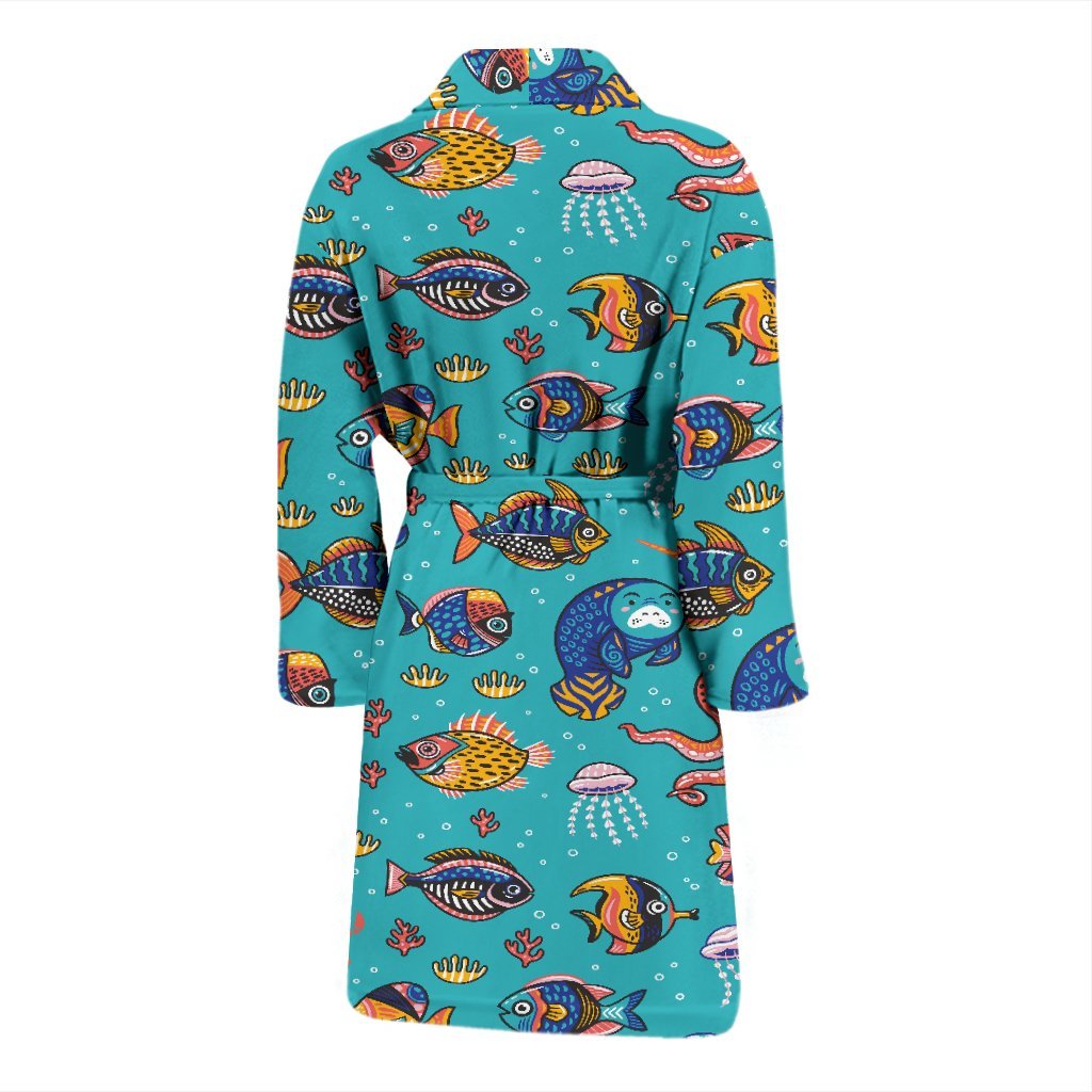 Manatee Whale Fish Octopus Pattern Print Men Long Robe-grizzshop