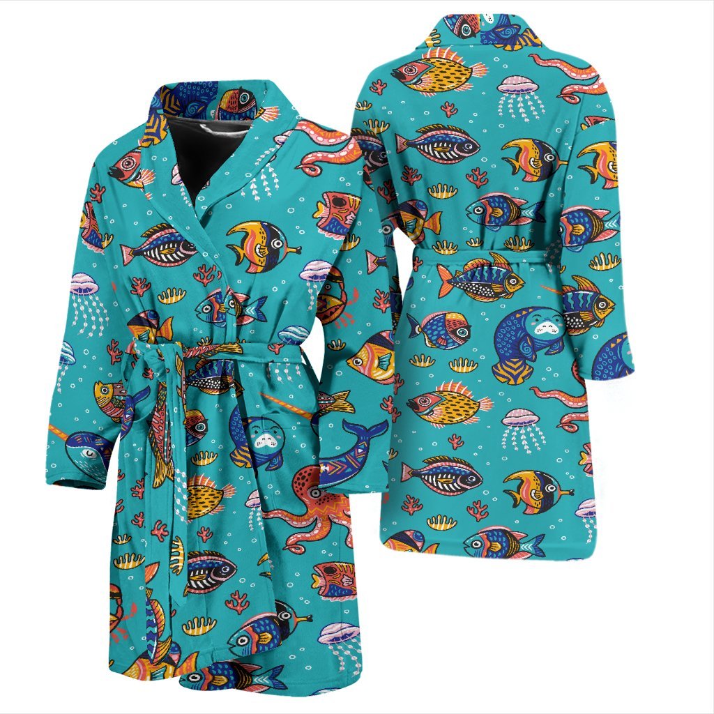 Manatee Whale Fish Octopus Pattern Print Men Long Robe-grizzshop