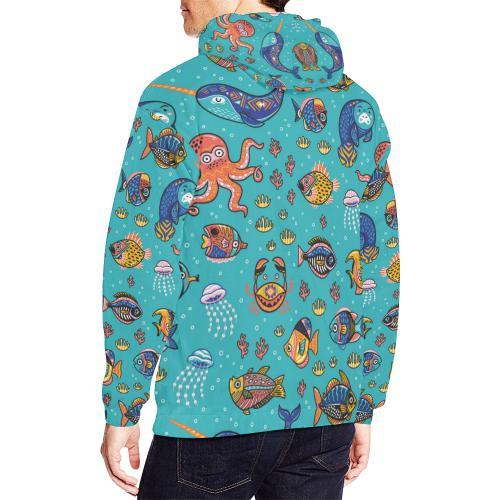 Manatee Whale Fish Octopus Pattern Print Men Pullover Hoodie-grizzshop