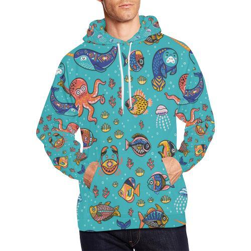 Manatee Whale Fish Octopus Pattern Print Men Pullover Hoodie-grizzshop