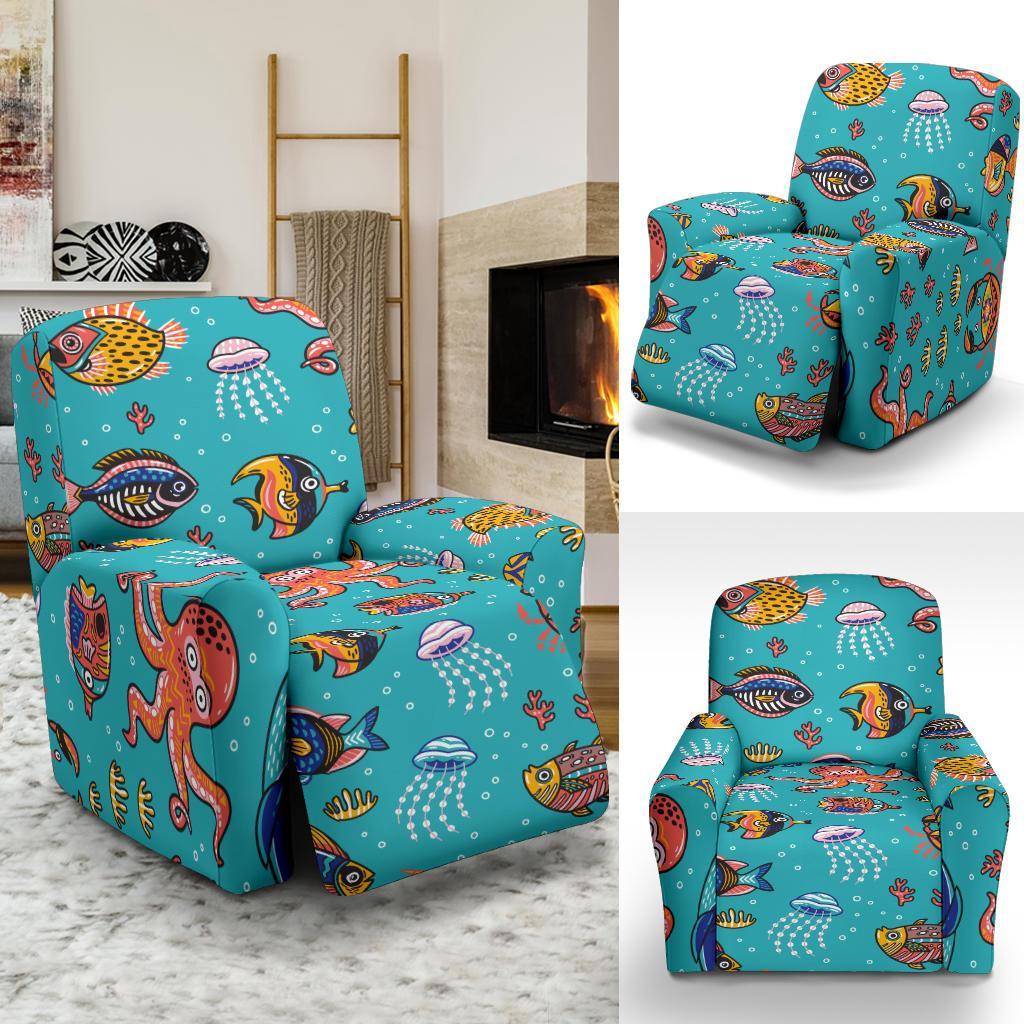 Manatee Whale Fish Octopus Pattern Print Recliner Cover-grizzshop