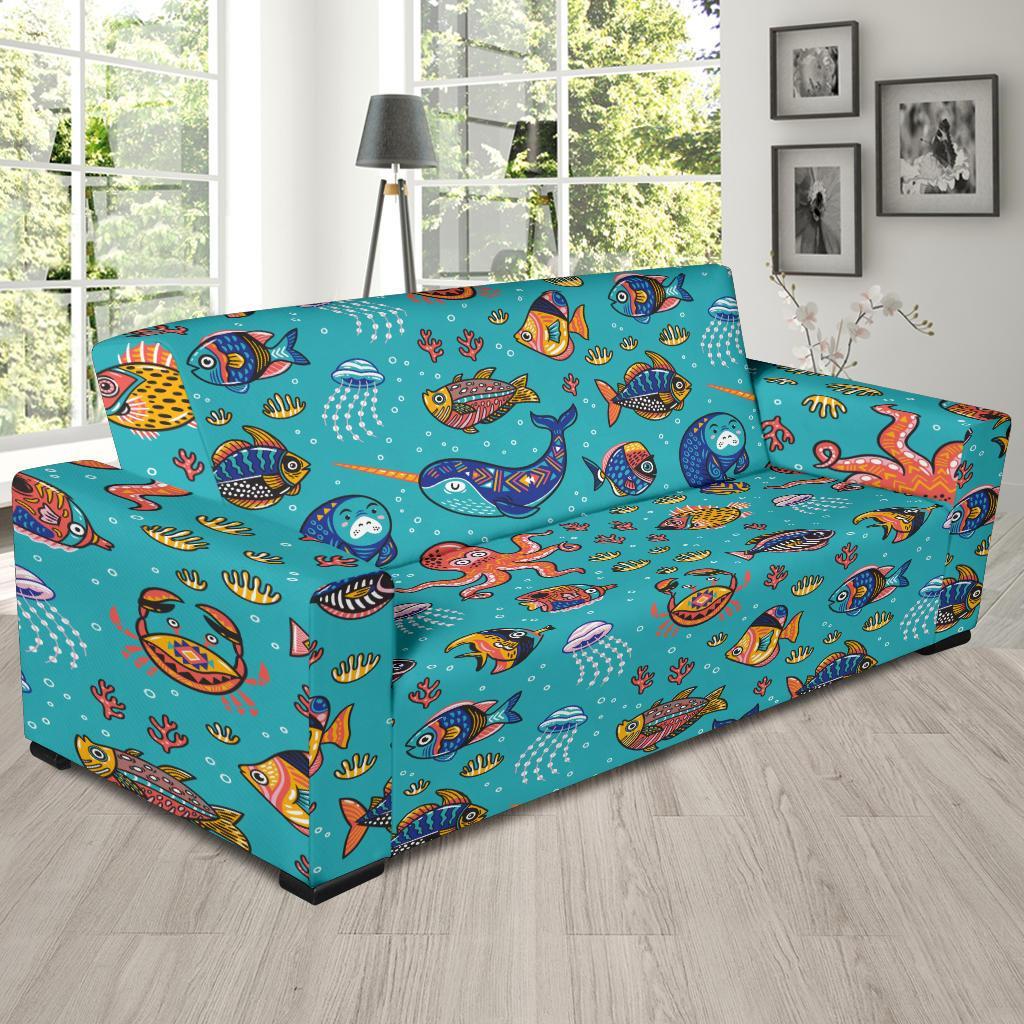 Manatee Whale Fish Octopus Pattern Print Sofa Covers-grizzshop