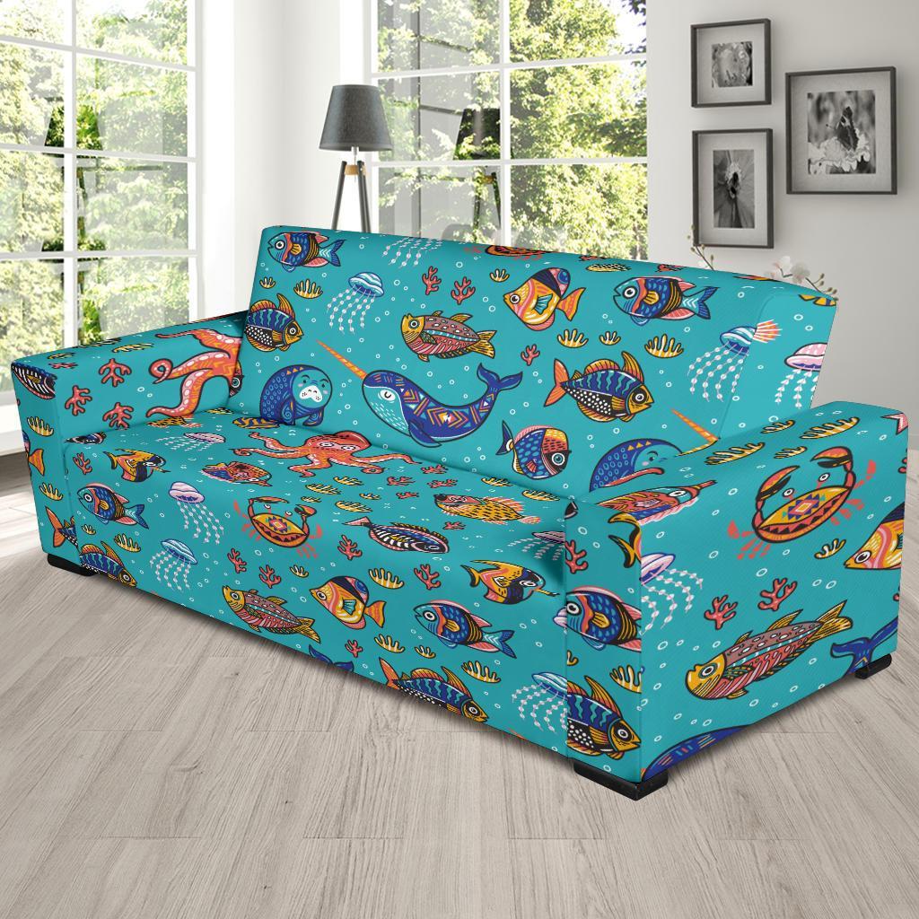 Manatee Whale Fish Octopus Pattern Print Sofa Covers-grizzshop