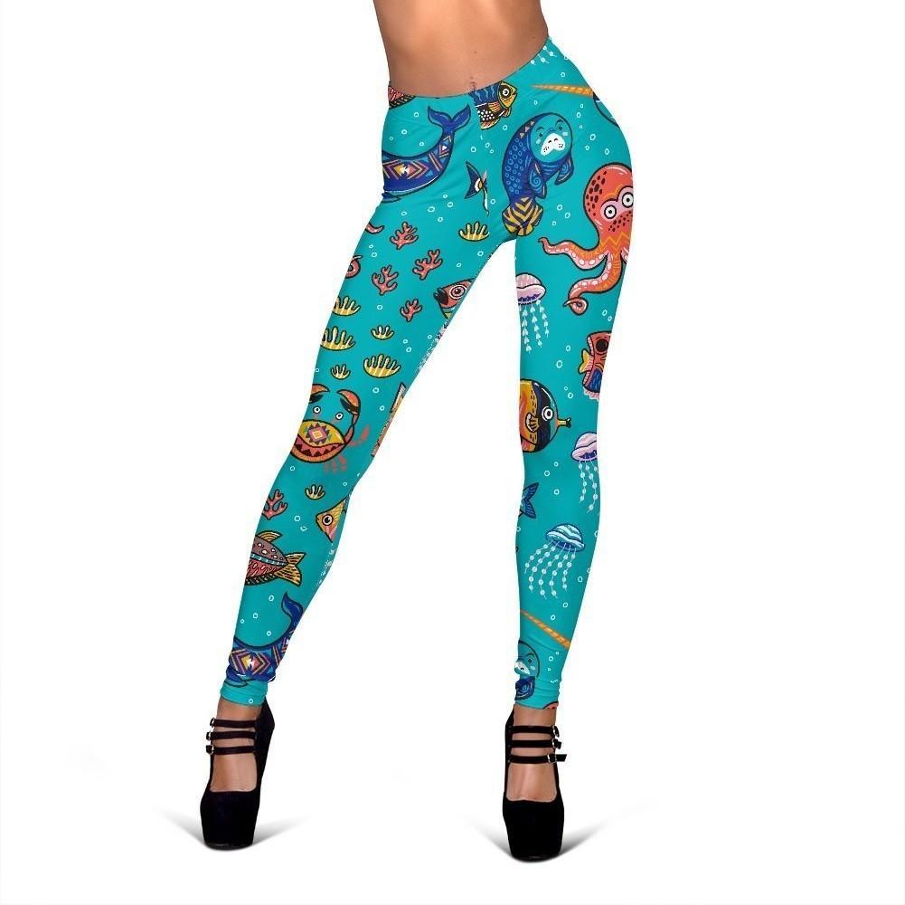 Manatee Whale Fish Octopus Pattern Print Women Leggings-grizzshop