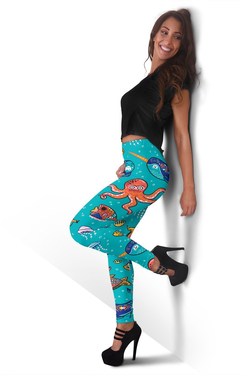 Manatee Whale Fish Octopus Pattern Print Women Leggings-grizzshop