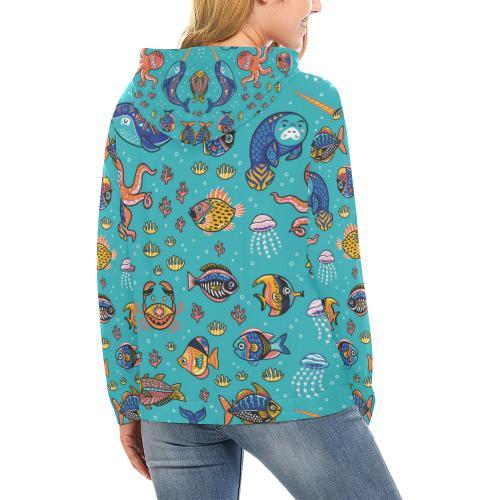 Manatee Whale Fish Octopus Pattern Print Women Pullover Hoodie-grizzshop