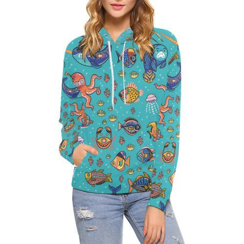 Manatee Whale Fish Octopus Pattern Print Women Pullover Hoodie-grizzshop